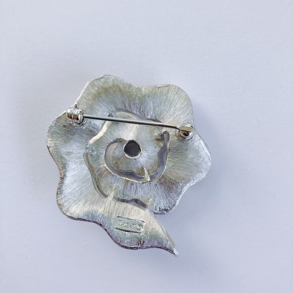 Vintage Abstract Trifari Brooch MCM Signed Silvertone Layered Modernist Flower - Picture 5 of 10